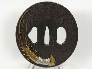 KC01　日本刀装具　刀鍔　伊勢海老図　銅製　現代品　つば　ツバ　刀剣美術　約79/83/4MM　約186G　