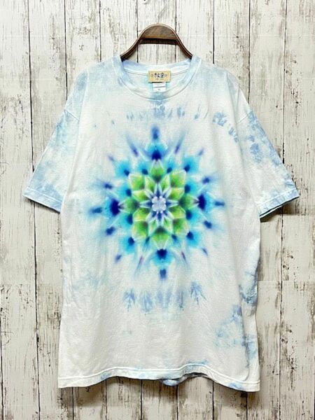 タイダイ染め Tシャツ　XLサイズ　曼荼羅　　ブルー　ムラ染め　Hippies DyeHD19-31 半袖Tシャツ T-SHIRT