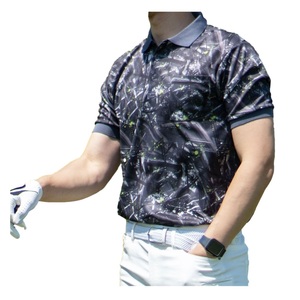 送料380円■ドライメッシュ 吸水速乾 幾何学柄 ポロシャツ チャコール/L ゴルフ GOLF ストレッチ カジュアル カットソー スポーツウェア