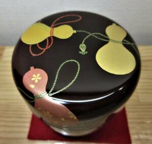 【逢絢亭・新品】茶道具 棗 中棗 山中塗 六瓢蒔絵 溜塗 木製 中村湖彩 共箱入り