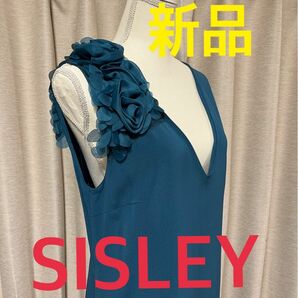 【お値引】【新品】SISLEY ミディ丈 コサージュ付 ワンピース M