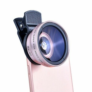 スマホ用カメラレンズ 広角レンズ マクロレンズ 2点セット ピンク 桃色 Android iPhone対応 