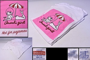 おもち Omochi girl ★ バックプリント 半袖 Tシャツ ★ Lサイズ 白 ★ 可愛い女の子のイラスト 水着 ★ ピンク Tee