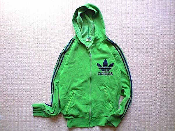 即決 希少 80s adidas vintage made in France ventex 青タグ デカロゴ ジャージ パーカー グリーン x ネイビー ヴィンテージ フランス製