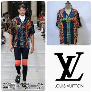 極美品 希少品 LOUIS VUITTON ルイヴィトン 2018SS コレクション ブランドビッグロゴ アロハシャツ レーヨン100% 大きめ Mサイズ