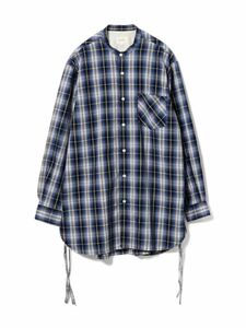 BEAMS バンドカラー チェックシャツ ブルー