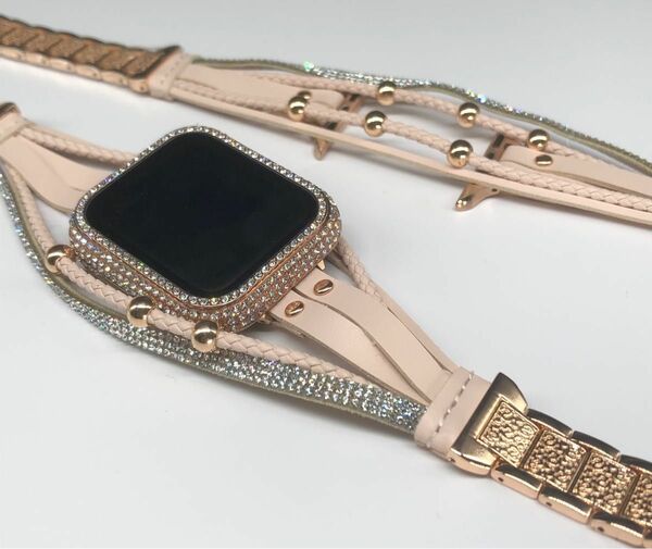 アップルウォッチバンド ステンレスベルト Apple Watch キラキラ ピンク　ローズゴールド レザー　高級　カバー ケース
