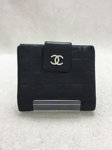 CHANEL◆2つ折り財布/レザー/BLK/無地/アイコンライン