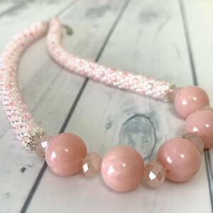  hand made * triangle beads tube crocheted necklace pink color 43~47. beads beads accessory No.1832