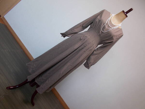 3-5新品 GRL 長袖バルーン袖ロング丈シャツワンピース vネックドロストギャザータックふんわりフレアロングスカート M 9号