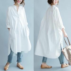 LWBS047 summer autumn lady's easy cotton large size long sleeve long shirt One-piece (L-2XL)