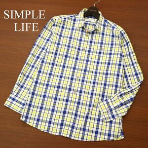 美品★ SIMPLE LIFE シンプルライフ レナウン 通年 チェック柄★ 長袖 ワーク シャツ Sz.L　メンズ ネイビー × 黄色 × 白　C3T03955_5#C