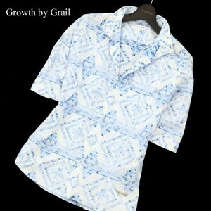 Growth by Grail グロースバイグレイル 春夏 襟ワイヤー★ 【ネイティブ ジャガード 総柄】 5分袖 シャツ Sz.M　メンズ 白　C3T04551_5#A