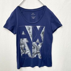 【洗練されたお洒落】アルマーニエクスチェンジ　ビッグプリント　半袖カットソー　紺　レディース　Lサイズ　ARMANI EXCHANGE