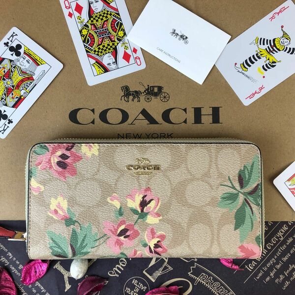 COACH コーチ フラワー 花柄 ベージュ シグネチャー ピンク 長財布