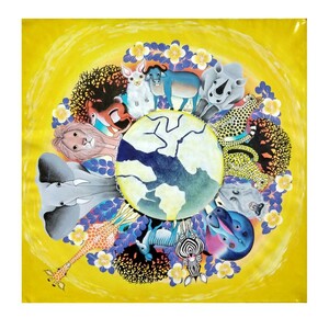 ●アフリカ絵画:ティンガティンガ『 Animal world -yellow 』by Zuberi 59*59cm, 絵画, 油彩, 動物画