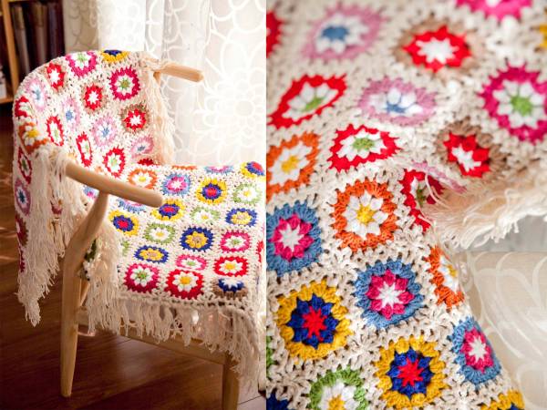 Handmade crochet flower motif★Handmade/key knitting/knitting★Throw/throw/sofa cover★, knitting, Finished product, others