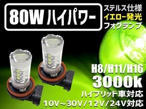 Nネ 80W ステルスクリア LEDフォグランプ イエロー発光 3000k 12V/24V H8/H11/H16/HB3/HB4/PSX26