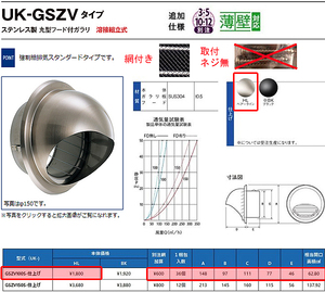 ☆激安！U.K/宇佐美工業 ステンレス製 丸型フード付ガラリ 強制給排気標準 GSZV100S相当(定価￥1,800) 網付き/取付ネジ無/未使用□NM