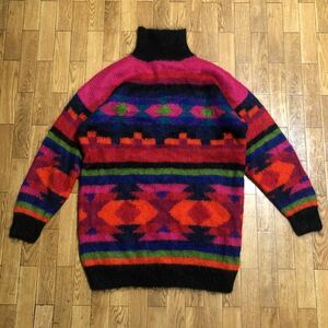 80〜90s unknown STUDIO MICHELLE STUART モヘア セーター 総柄 HAND KNIT サイズ不明 実寸L 古着 ヴィンテージ レディース タートルネック