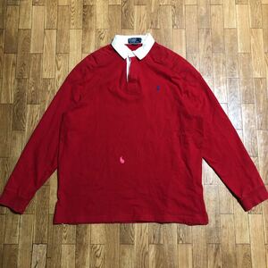 90s POLO RALPH LAUREN ラガーシャツ 無地 赤 Lサイズ 古着 ラルフローレン 刺繍 長袖シャツ
