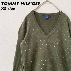 トミーヒルフィガー　ニット　セーター　スパンコール　オリーブ色　XSサイズ　TOMMY HILFIGER プルオーバー　コットンニット