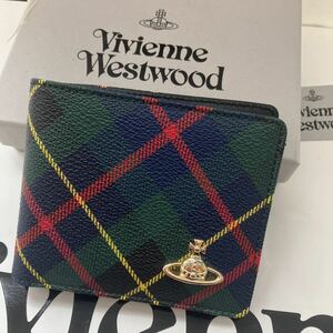 送料込●新品元箱付●価-38500円Vivienne Westwood 二つ折財布 カード&札 青緑赤チェック 塩ビレザー ヴィヴィアンウエストウッド ビビアン