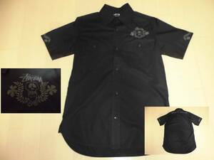  быстрое решение M STUSSY рубашка work shirt вышивка SKULL FLOWER Skull цветок чёрный рубашка с коротким рукавом кошка глаз кнопка Stussy skate surf American Casual Biker 