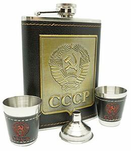 Praxia スキットル CCCP 旧ソ連 アウトドア キャンプ スキットルボトル 8オンス 220ml 【ロゴ入りポーチ/漏斗 / グラス2個