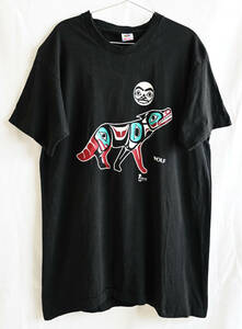 [80's Vintage /FRUIT OF THE LOOM]Odin Lonning official /to-tem paul (pole) Wolf T-shirt /L/ black / America made /yh-235-1a