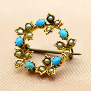  antique half pearl turquoise 9ct Gold brooch 