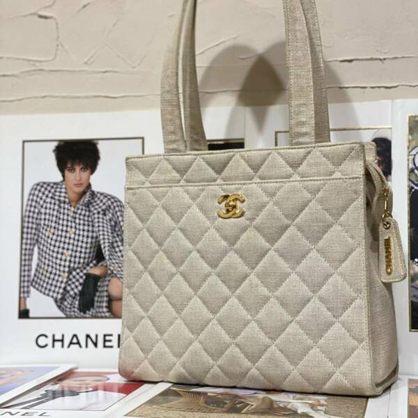 希少モデル VINTAGE CHANEL トートバッグ キャンバス地 ターンロック風ココ金具 アイボリー ショルダーバッグ ヴィンテージバッグ