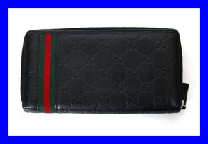 極上品 グッチ GUCCI ラウンドファスナー長財布 男女兼用 ジップ シェリーラインGG柄シマ ブラック 308009.4276 黒×緑×赤 レザー 革Z3408