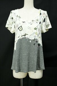 美品 フランシュリッペ 花柄千鳥格子柄半袖カットソー/Tシャツ 白黒M rh117