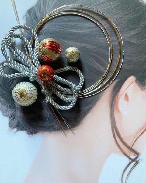 くす玉　水引　ロープ髪飾り和装ヘア