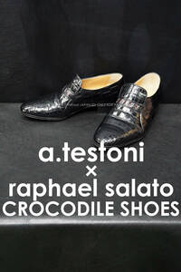 a.testoni × raphael salato total crocodile slip-on shoes Loafer 6H/25cm rom and rear (before and after) test -ni real black kowani leather full Point leather shoes 