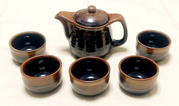 新品　天目　茶漉付急須＆湯呑5客　一線を画す美しさ　おもてなし茶器セット②