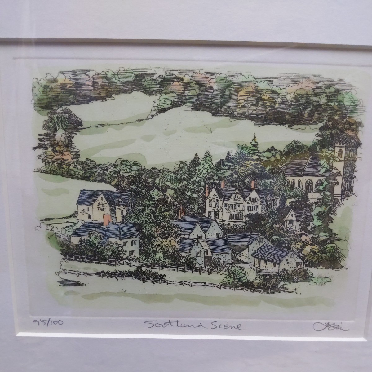 織田義郎 ｢スコットランドの風景｣ イギリス 絵画 風景画 銅版画 エッチング 額付き 額サイズ 47×40cm 内径 26×20cm, 美術品, 版画, 銅版画, エッチング