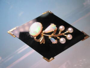 【江月】アンティーク・K18 オパール&本真珠飾り オニキスの帯留め兼ブローチ 9,68g