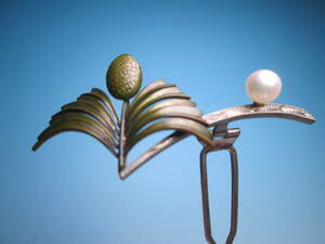 [. month ] antique * engraving skill book@ pearl decoration. pine ..... ornamental hairpin 7,9g