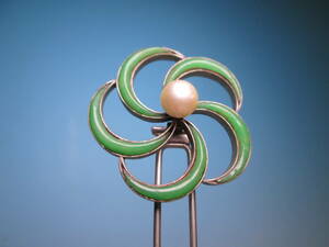 [. month ] antique *book@ pearl decoration green. flower. ornamental hairpin 8,36g