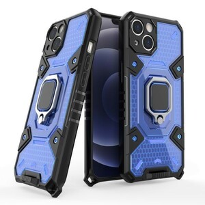 A blue iPhone 13 finger ring attaching case impact absorption cover iPhone sa- tea n body protection super strong protection robust the US armed forces Impact-proof stand 