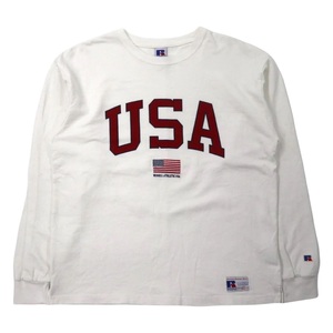 RUSSELL ATHLETIC ロングスリーブTシャツ L ホワイト コットン USAプリント 星条旗 刺繍