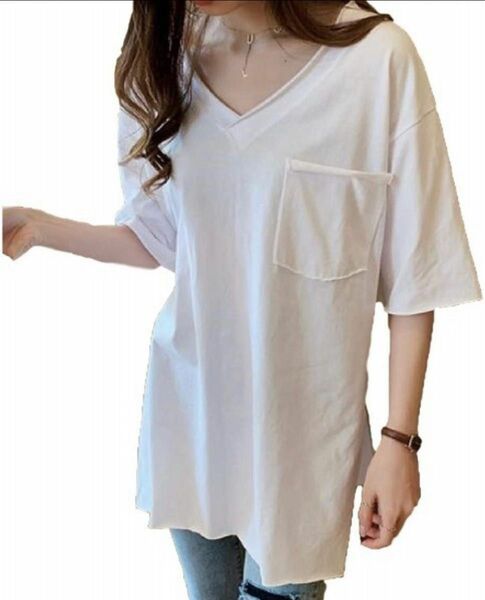 【 新品 】トップス オーバーサイズ Tシャツ Vネック カットソー 半袖 夏 無地 薄手 ビッグシャツ 大きい ホワイト
