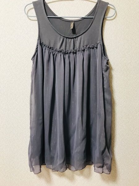 【coffy shop lady】シフォンフリル ロングブラウス タンクトップ グレー系