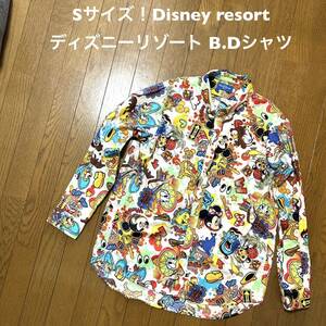 Sサイズ！Disney resort(ディズニーリゾート) 古着長袖総柄ボタンダウンシャツ ミッキーマウス ミニーマウス ドナルドダック