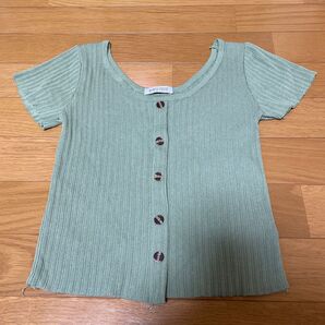 くすみグリーン ボタン クロップド トップス Tシャツ リブ