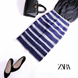 美品 ZARA BASIC ザラ ベーシック ■ 春 夏 まだら ボーダー柄 ジャージ― 膝下 ミモレ丈 タイトスカート XS ホワイト 白 ネイビー 紺