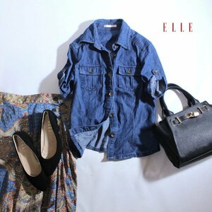 美品 エル ELLE イトキン(株) ■ 春 夏 シンプル 2way デニムシャツ 38 9号 ネイビー 紺 細身 羽織 カジュアル ロールアップ