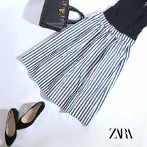 美品 ZARA woman ザラ ウーマン ■ 春 夏 ミモレ丈 ストライプ柄 ギャザー フレアスカート ロングスカート M ネイビー 紺 ホワイト サマー_画像1